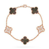 [Perlaura Jewelry ]CLOVER 5 MOTIFS DARK MOP AND DIAMONDS PINK GOLD BRACELET