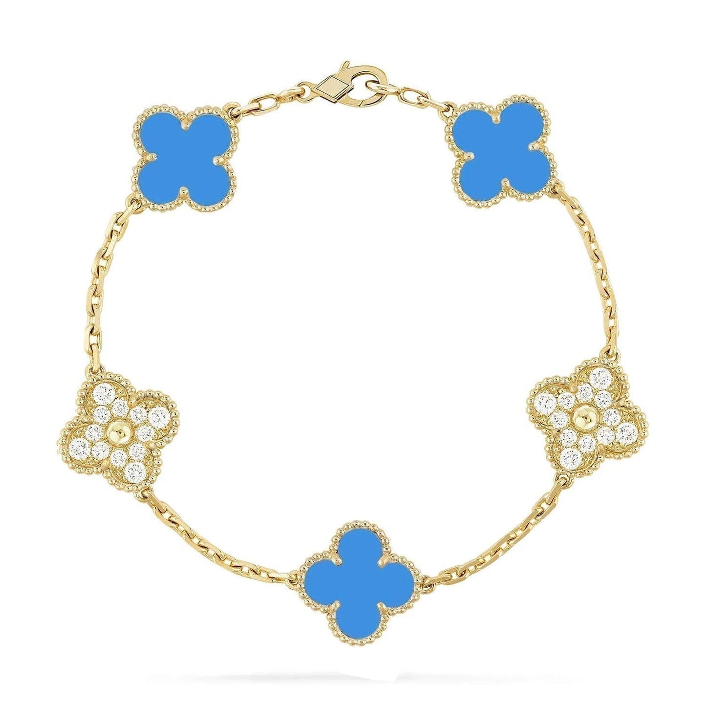 [：Polaidi Jewelry]クローバー 5モチーフ ブルーカルセドニー ダイヤモンド ゴールドブレスレット