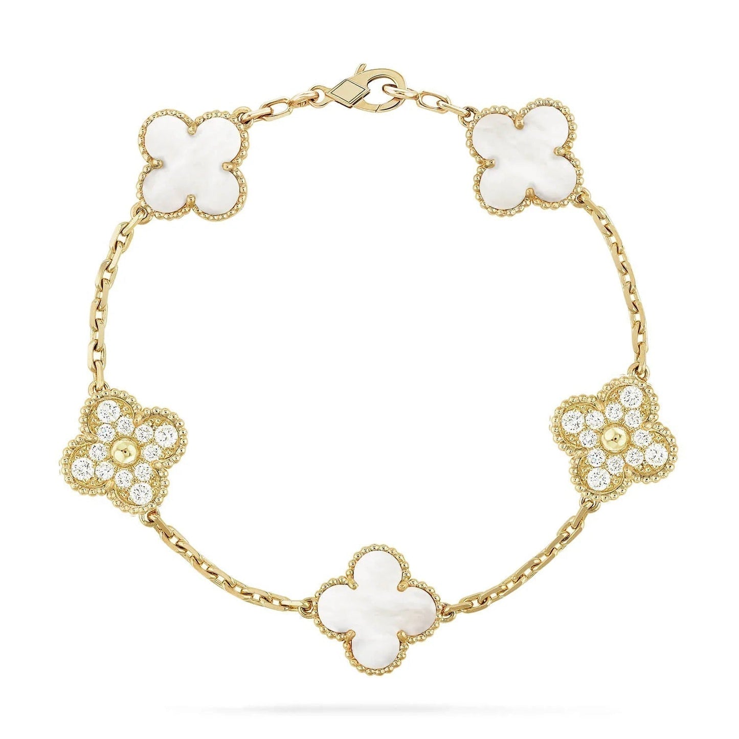 [：Polaidi Jewelry]クローバー ブレスレット 5モチーフ ホワイトマザーオブパール ダイヤモンド