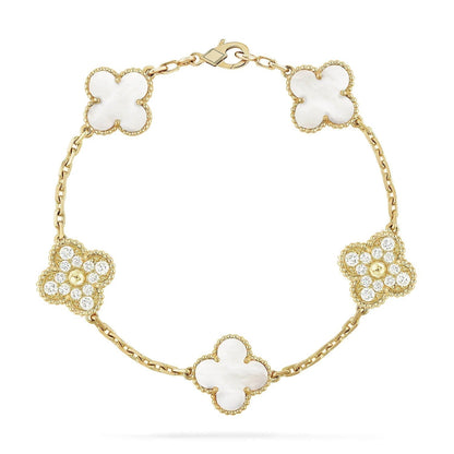 [：Polaidi Jewelry]クローバー ブレスレット 5モチーフ ホワイトマザーオブパール ダイヤモンド