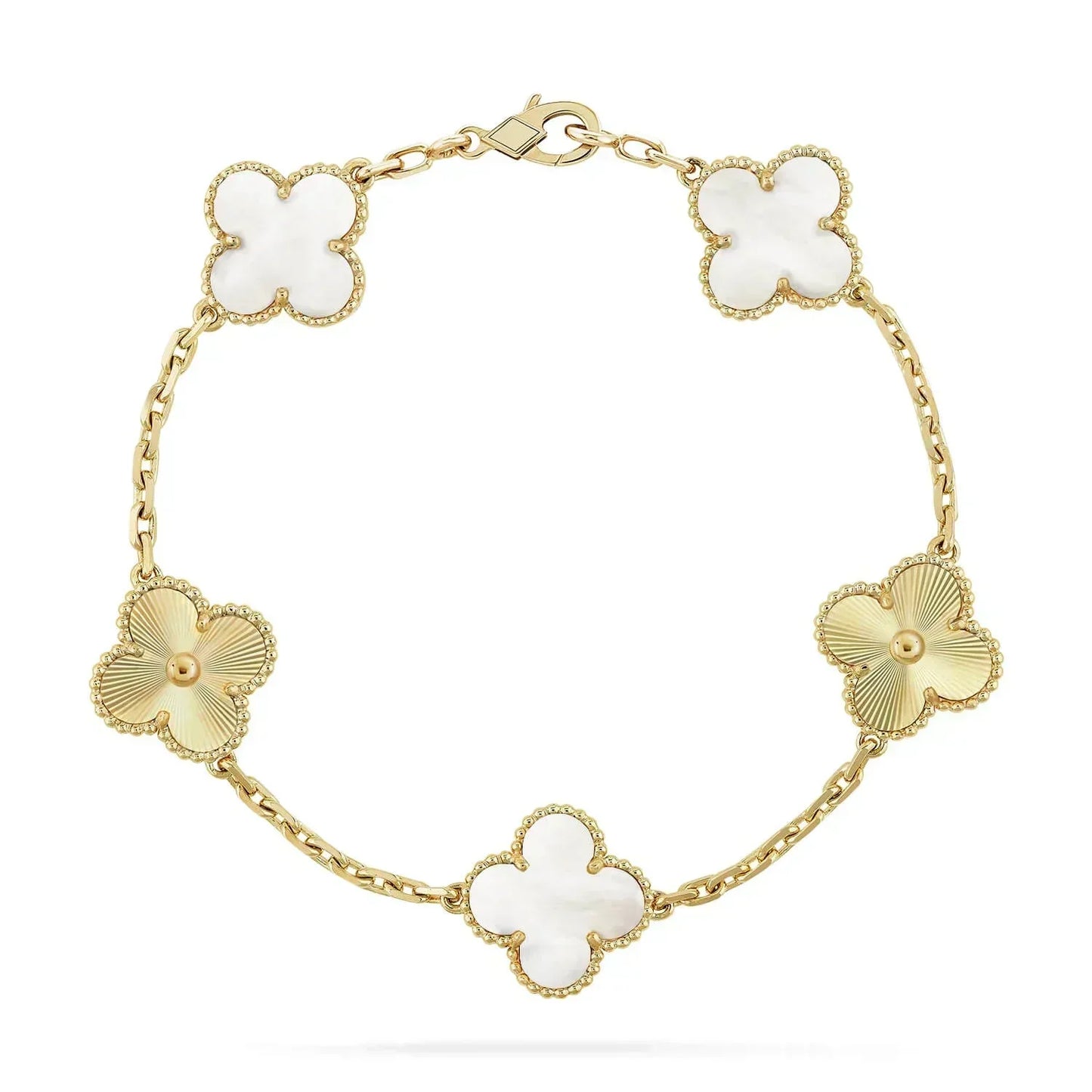 [：Polaidi Jewelry]クローバーブレスレット 5モチーフ ホワイトマザーオブパール ピンクゴールド