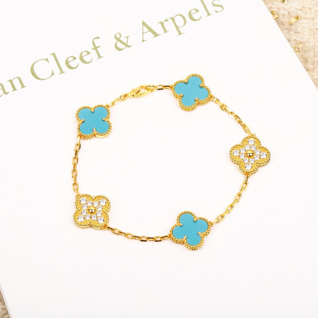 [：Polaidi Jewelry]CLOVER 5 MOTIF TURQUOISE DIAMOND GOLD BRACELET