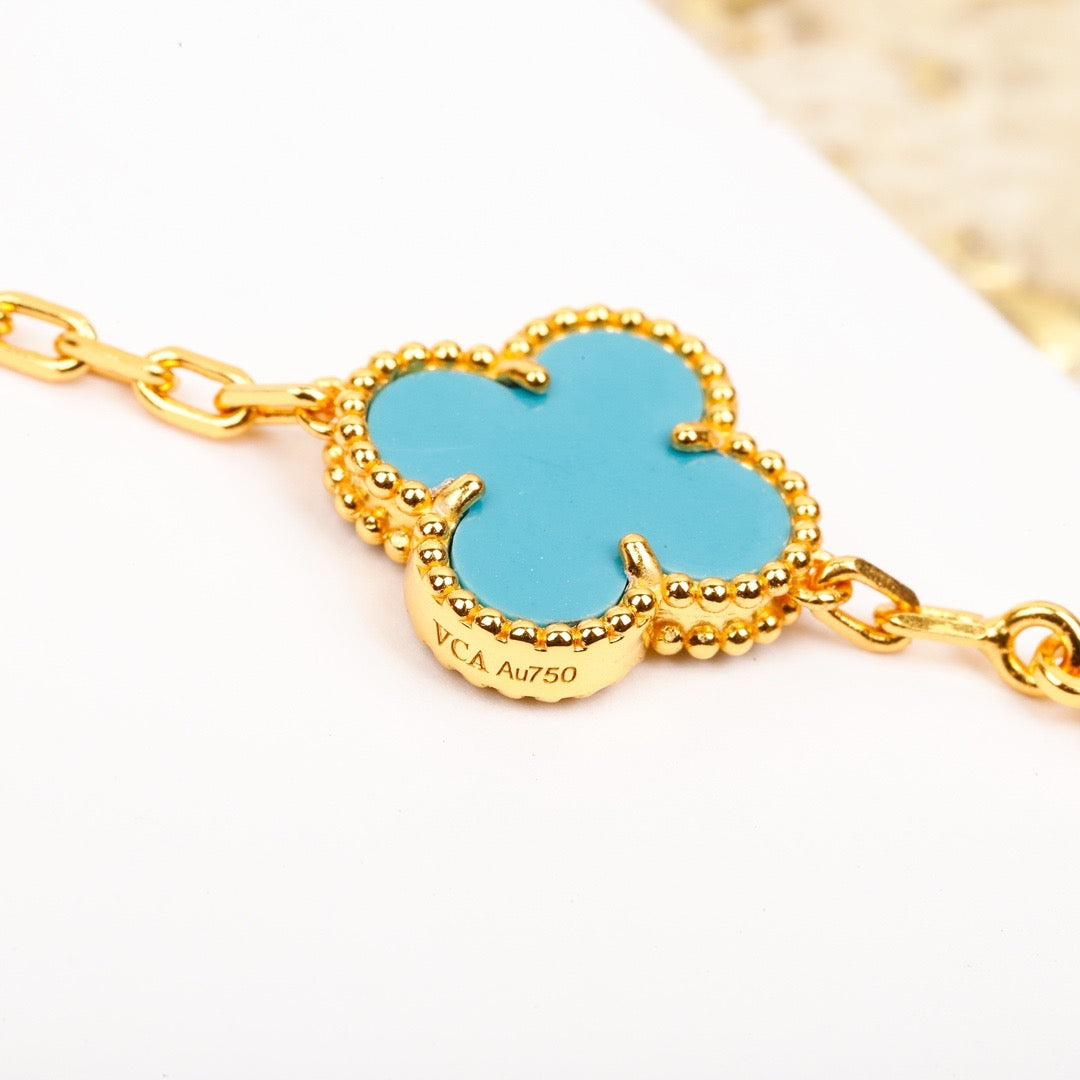[：Polaidi Jewelry]CLOVER 5 MOTIF TURQUOISE DIAMOND GOLD BRACELET