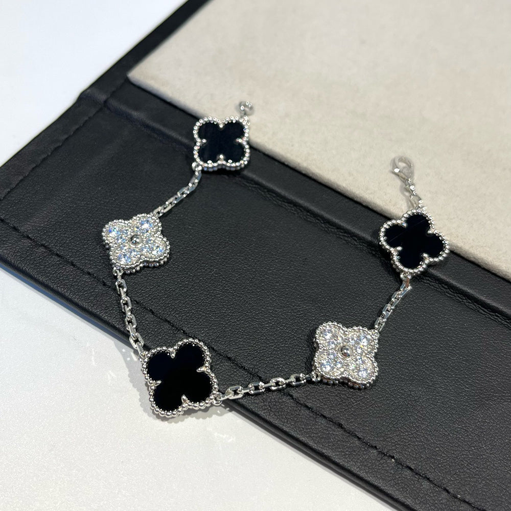 [：Polaidi Jewelry]CLOVER 5 MOTIF ONYXS DIAMOND BRACELET SILVER