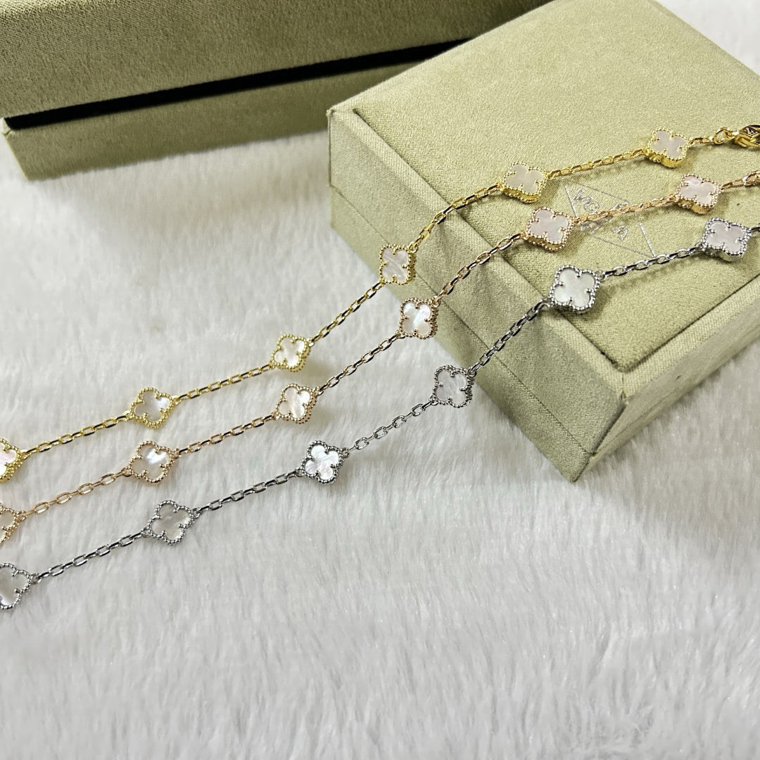 [：Polaidi Jewelry]クローバー6モチーフホワイトマザーオブパールブレスレット