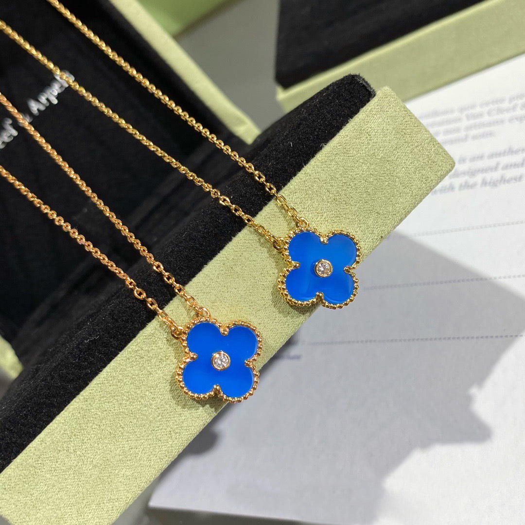 [：Polaidi Jewelry]CLOVER 15MM ダイヤモンド＆ブルーアゲートネックレス
