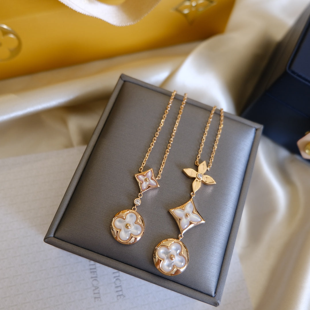 [Polaidi Jewelry]COLOR BLOSSOM LARIAT NECKLACE PINK GOLD WHITE MOTHER PEARL AND DIAMOND