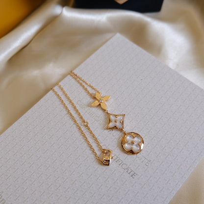 [Polaidi Jewelry]COLOR BLOSSOM LARIAT NECKLACE PINK GOLD WHITE MOTHER PEARL AND DIAMOND