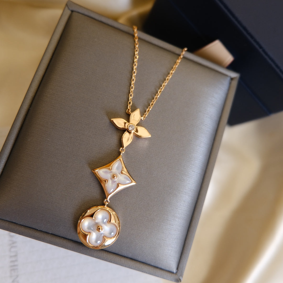 [Polaidi Jewelry]COLOR BLOSSOM LARIAT NECKLACE PINK GOLD WHITE MOTHER PEARL AND DIAMOND