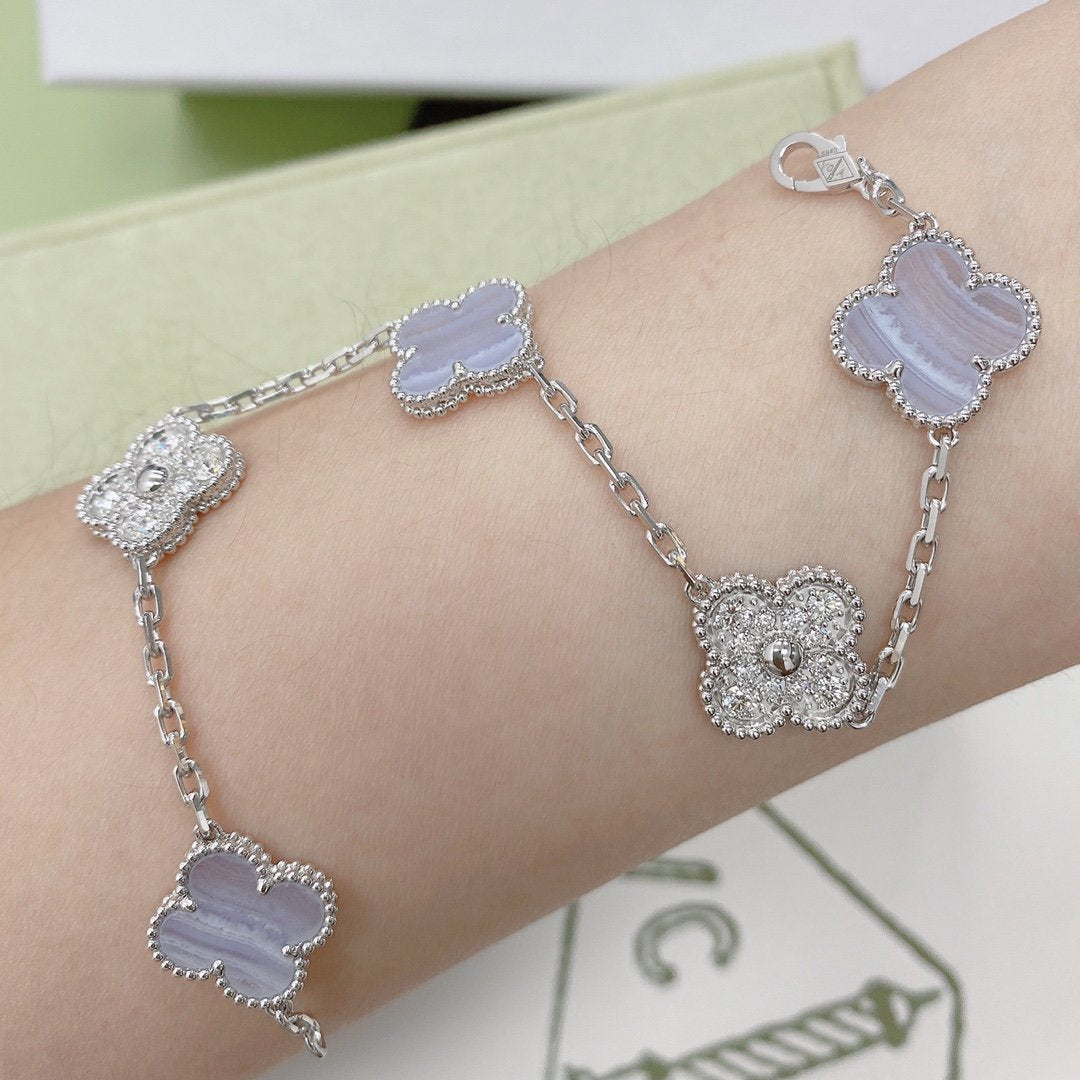[：Polaidi Jewelry]CLOVER  5 MOTIF DIAMOND PURPLE CHALCEDONY BRACELET SILVER