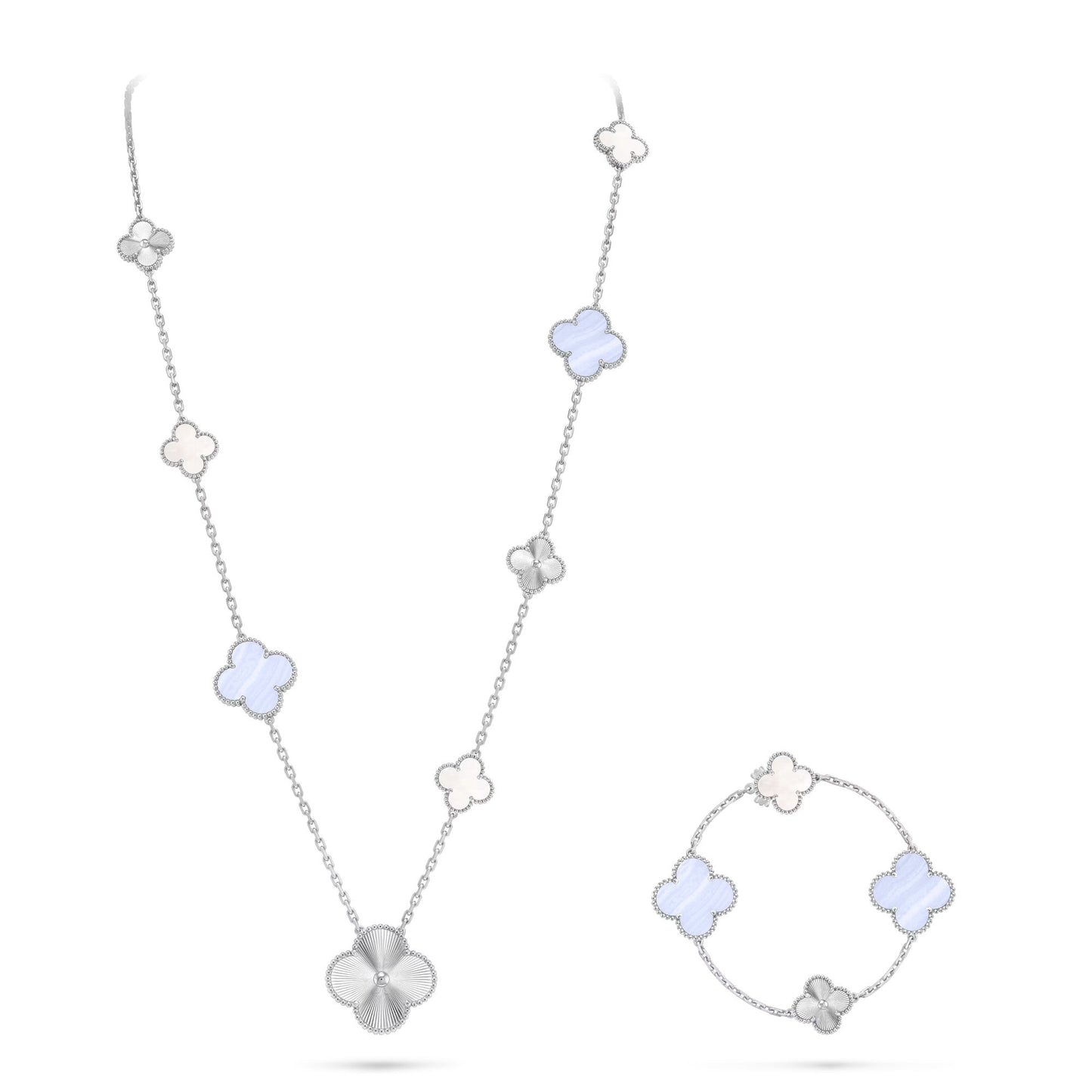 [Polaidi]DETACHABLE CLOVER 15(11+4) FLOWER SILVER NECKLACE SET