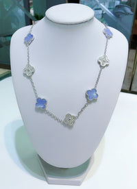[Perlaura Jewelry ]CLOVER 10 MOTIFS CHALCEDONY DIAMONDS SILVER NECKLACE
