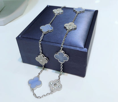 [Polaidi Jewelry]CLOVERS THE 10-MOTIFS CHALCEDONY DIAMONDS SILVER NECKLACE