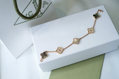 [：Polaidi Jewelry]CLOVER 5 MOTIFS DARK MOP AND DIAMONDS PINK GOLD BRACELET