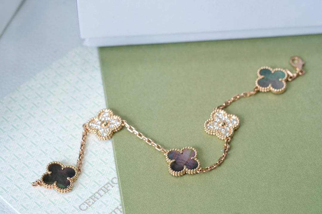 [：Polaidi Jewelry]CLOVER 5 MOTIFS DARK MOP AND DIAMONDS PINK GOLD BRACELET